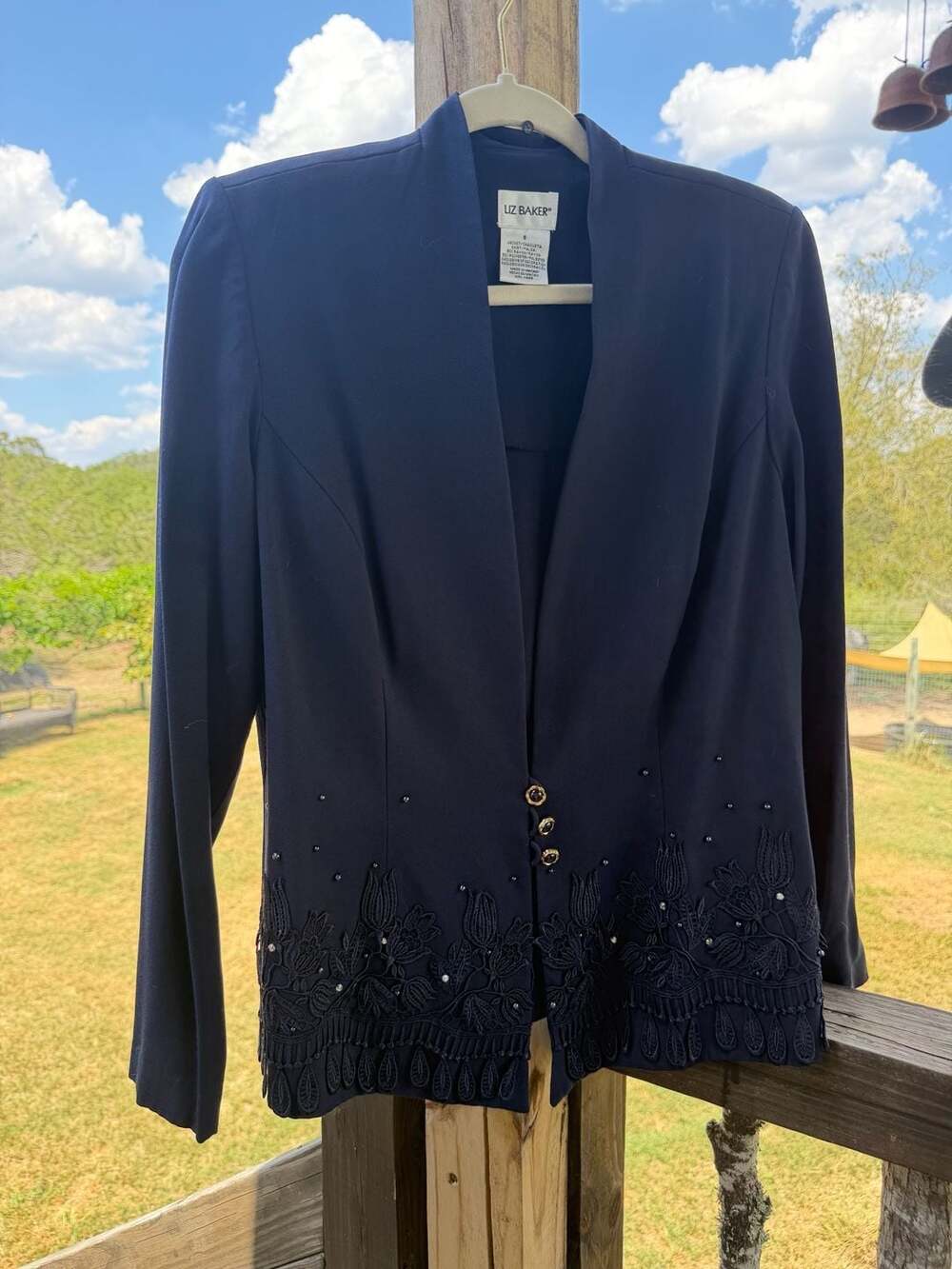 Liz Baker Navy Blue Blazer Jacket with Floral Lace Trim and Beaded Embellishment